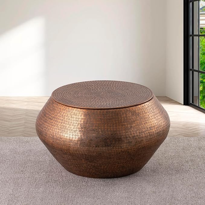 Albany Living Modern Cylindrical Aluminum Hammered Embossed Texturing, Metal Drum Coffee Table with Removable Lid for Storage,Fully Assembled, for The Living Room and Bedroom, Copper