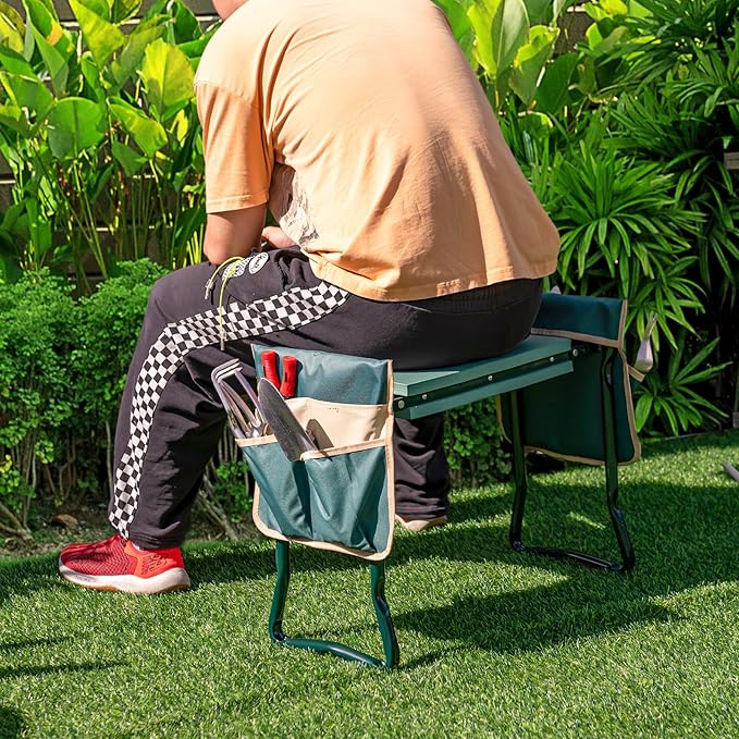 Goplus Garden Kneeler and Seat, Foldable Garden Bench for Kneeling & Sitting, Widened 8" EVA Soft Foam Pad, Heavy-Duty Garden Stool w/ 2 Large Tool Pouches, Gardening Gift for Women Men Seniors
