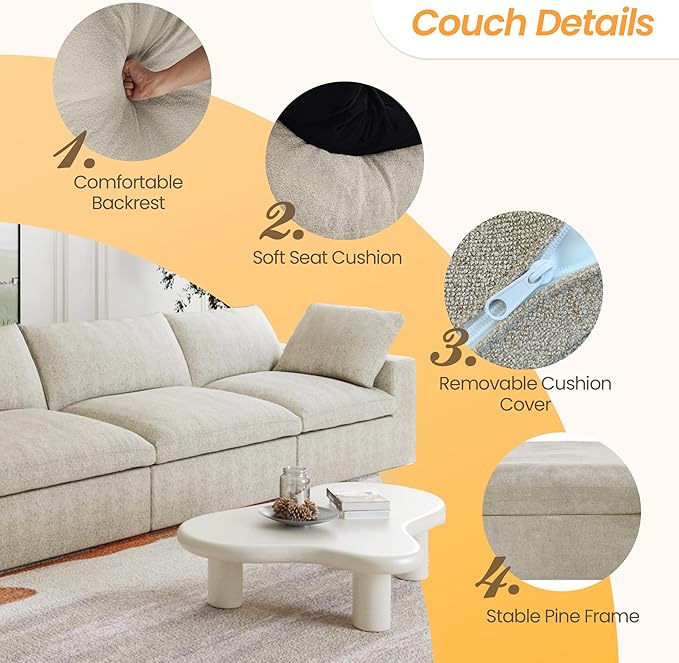 JACH 3-Seater Cloud Modular Sectional Couches, Convertible Couch, Cushion Covers Removable, Cloud Sofa, Sectional Sofas for Living Room Bedroom Apartment, (Khaki)