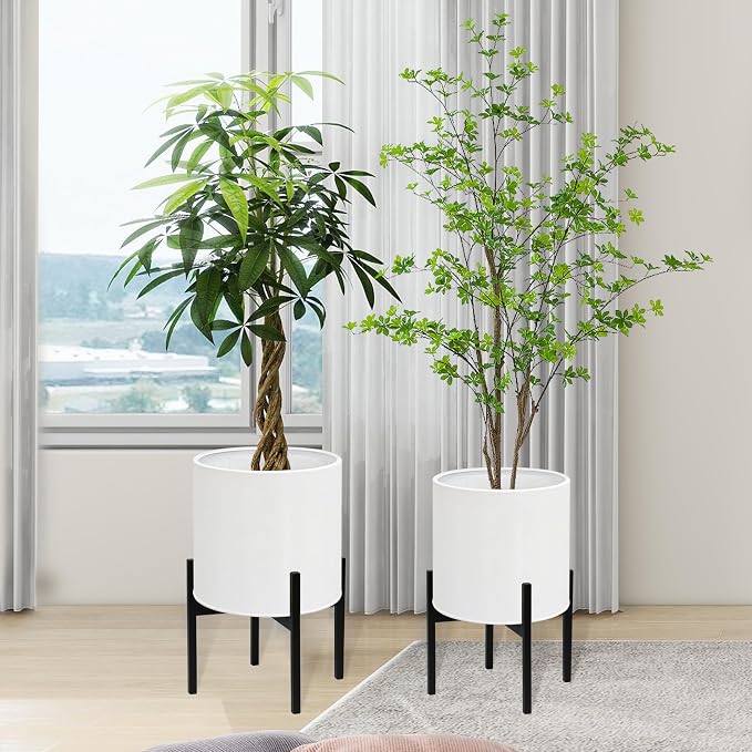 ARNIS Modern Plant Pots, Set of 2 Large Planters with Stand, Decorative Planters, Metal Pots with Drainage Holes for Living Room, Office, Garden or Balcony, 8.25 &10.5 Inch, White