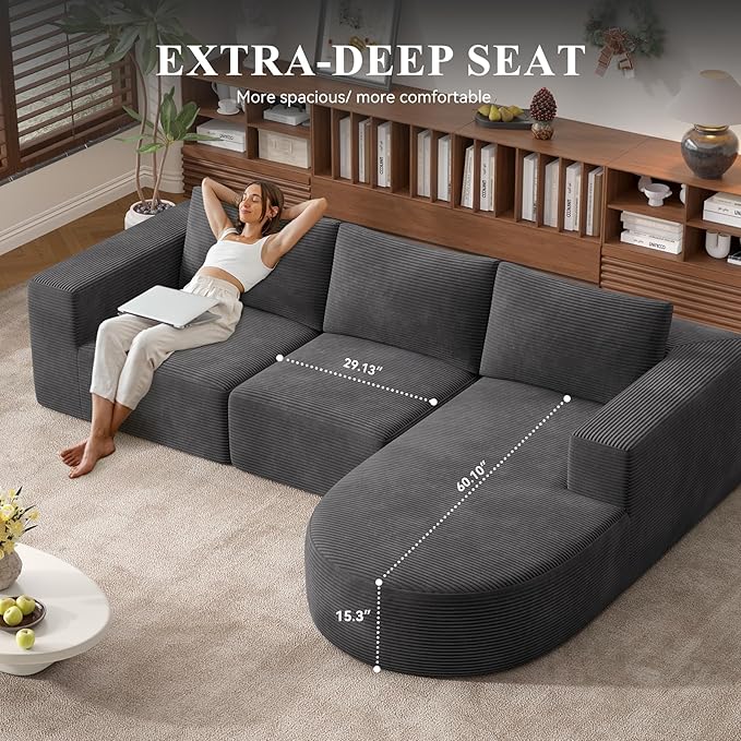 Modular Sectional Sofa with L-Shape Chaise,Cloud Sectional Modern Sleeper Couch with Deep Seat,Sponge Compression Sofas No Assembly Required (Dark Gray-Corduroy Fabric) 1PCS