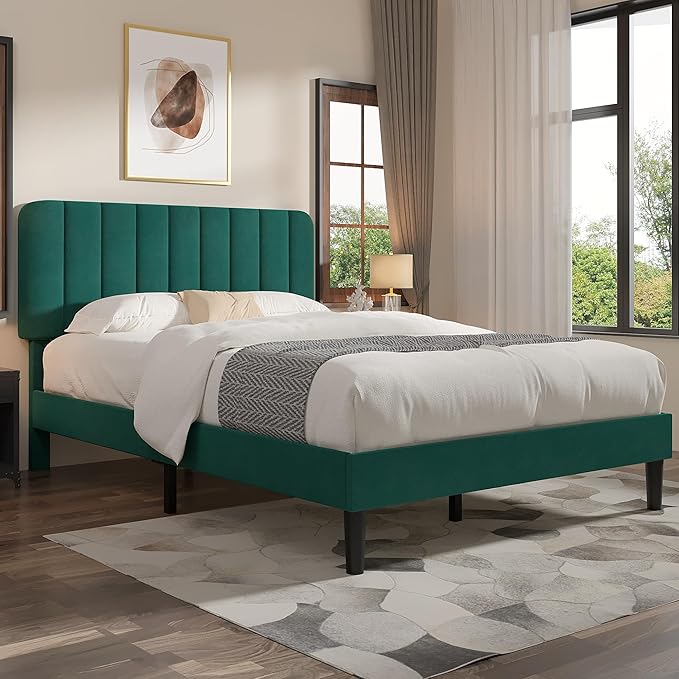 VECELO Queen Size Bed Frame with Upholstered Headboard, Velvet Platform Bedframe Mattress Foundation, Strong Wood Slat Support, No Box Spring Needed,Green