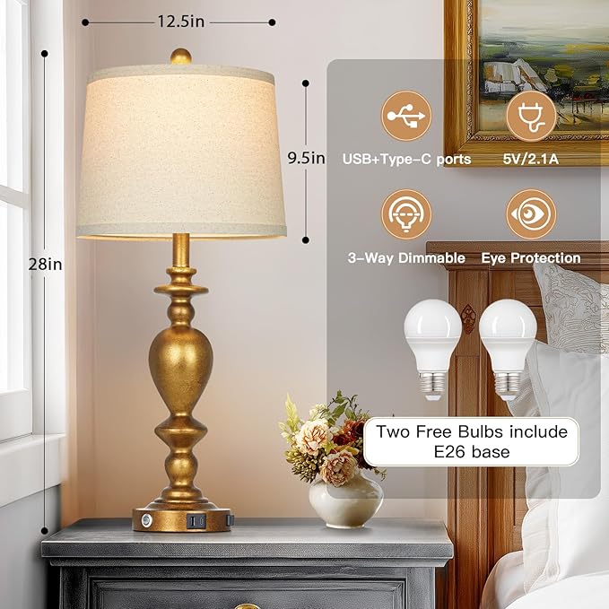 28" Farmhouse Table Lamps Set of 2 with USB C+A Ports & AC Outlet for Vintage Living Room Retro Bedroom,3-Way Dimmable Touch Lamp Resin Bedside Lamps for Nightstand Side End Table, Brass