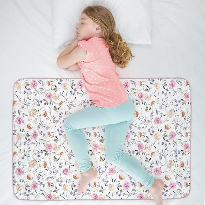Organic Incontinence Pads for Kids & Toddlers - 5 Layer Waterproof Protectors for Overnight Bed Wetting - Reusable & Washable Pee Pads - Fits Twin to Full Size Beds - 34" x 52" Flower