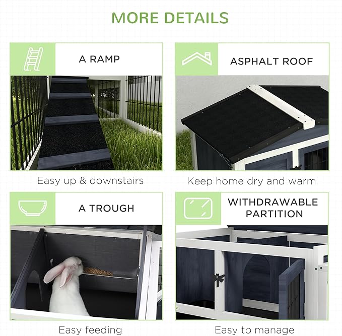 PawHut Rabbit Hutch Outdoor Indoor, 54" L Large Rabbit Cage with Waterproof Openable Roof, No-Leak Tray, Ramp, Run, for Bunnies, Guinea Pigs, Dark Gray