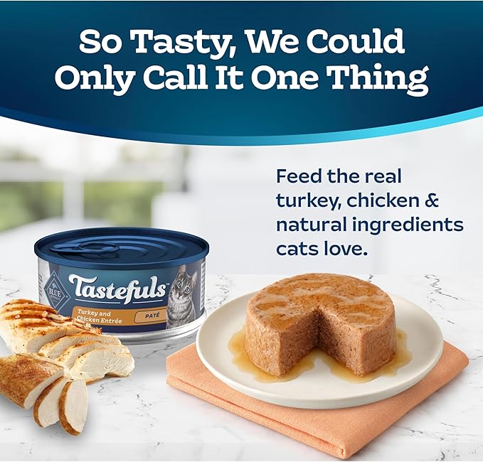 Blue Buffalo Tastefuls Wet Cat Food Paté, Made with Natural Ingredients, Turkey and Chicken Entrée, 5.5-oz Cans (24 Count)