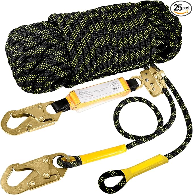 TRSMIMA Rope Harness Safety Lanyard：25ft Roofing Rope Fall Protection | Vertical Safety Harness Rope With Grab Snap Hooks Shock Absorber - Tree Climbing Line Kit Heavy Duty Safety Equipment ANSI CE