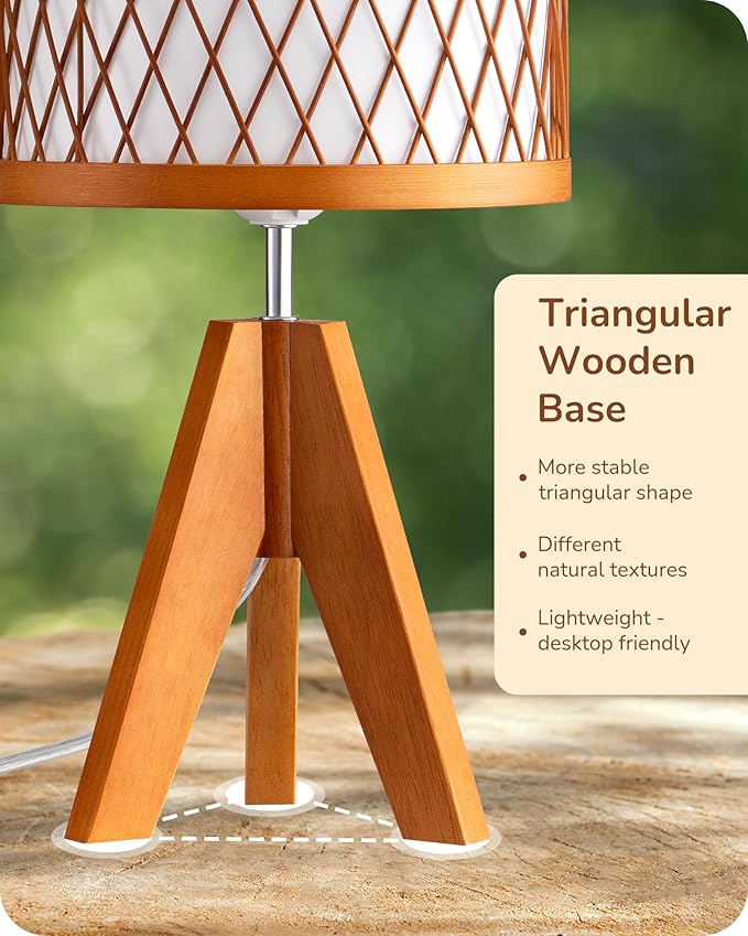 EDISHINE Small Table Lamp, 14.17" Wood Tripod Bedside Lamp with Bamboo Lampshade & PVC Shade, ON-Off Switch & E26 Base, Boho Nightstand Lamp for Living Room, Bedroom