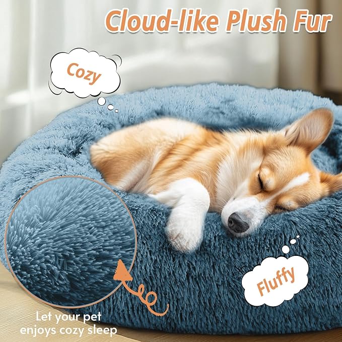 JOLLYVOGUE Calming Small Dog & Cat Bed for Indoor Cats - 20 inches Washable Donut Bed for Kittens & Puppies, Anti-Anxiety Round Fluffy Plush Pet Beds (Fits up to 15 lbs, Blue)