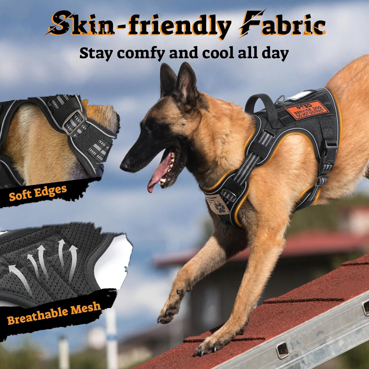 rabbitgoo Dog Harness Medium Sized No Pull, Tactical Service Pet Vest with Molle and Control Handle, Adjustable and Reflective Military Harness for Easy Walking and Training, Black, M