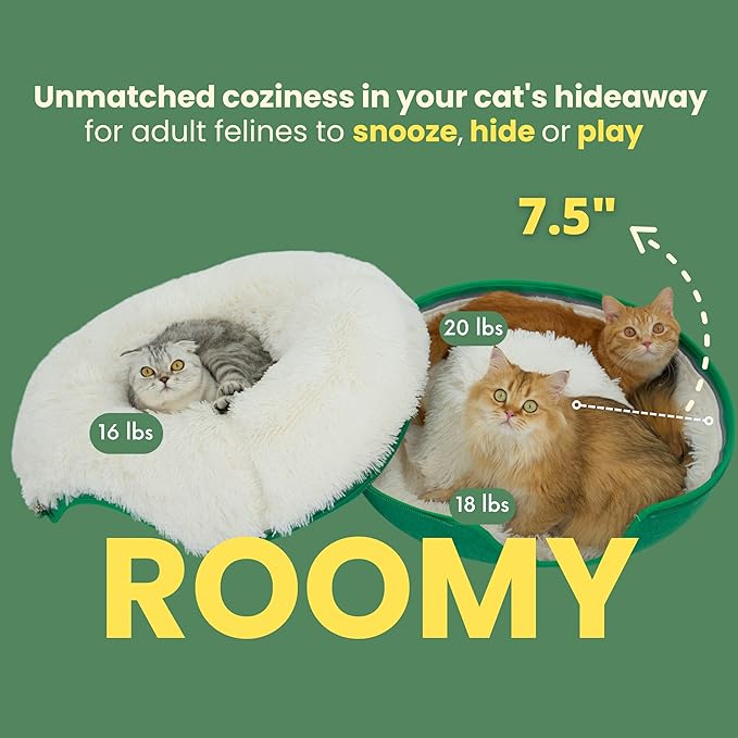 CATTASAURUS Peekaboo Cat Cave for Multiple & Large Cats Up to 30-45 Lbs, Fluffy Cat Beds & Furniture, Scratch Detachable & Washable Tunnel Bed, Comfy Donut Bed (Forest Green, Large (Calming))