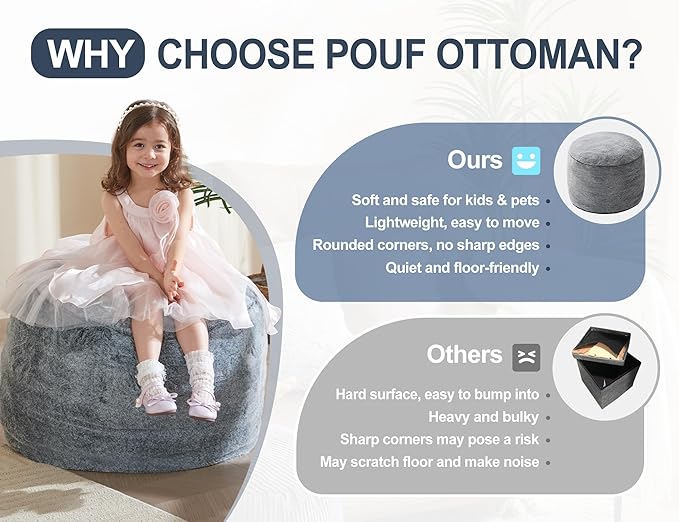 WSOFRLAC Boho Ottoman Living Room Furniture 20"x15" Large Round Ottomans Pouf Couch Foot Rest Grey Pouf Ottoman Foot Rest with Foam Chunk Filling Pouffe Ottomans Stuffed Foot Rest Poufs for Couch