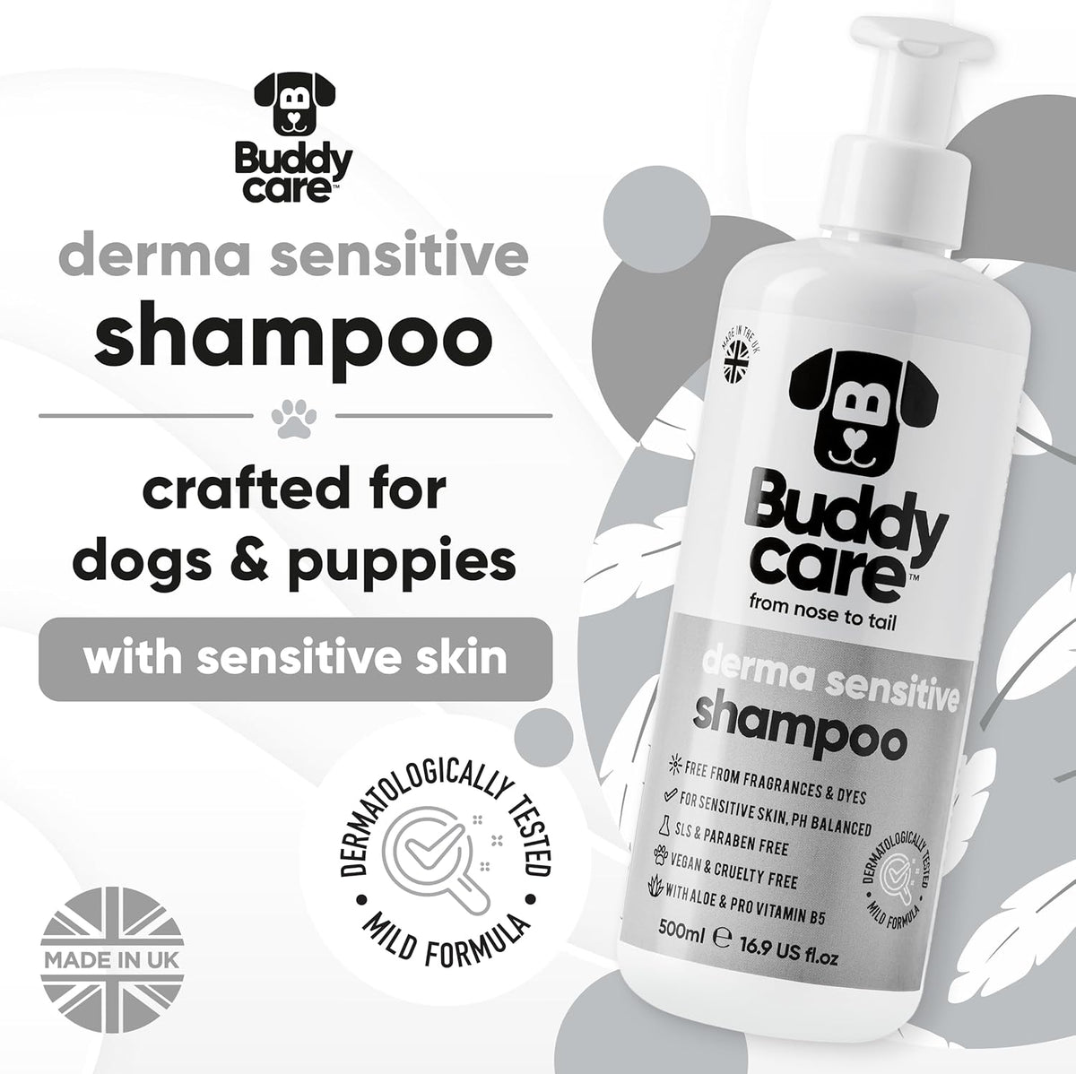 Derma Sensitive Dog Shampoo by Buddycare | Dry Skin & Itchy Skin Relief for Smelly Dogs | Deep Cleansing for Dogs Puppy Sensitive Skin | Dog Shampoo & Conditioner | with Aloe & Vitamin B5 (16.90oz)