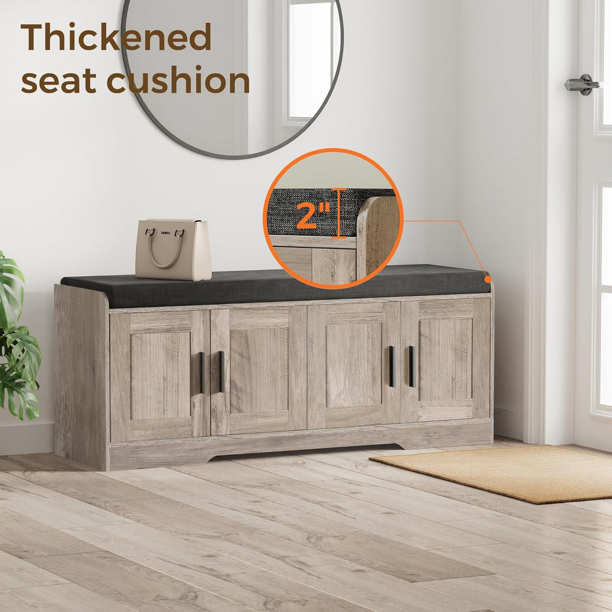 2-Tier Storage Bench, Shoe Bench with Thickened Padded Seat Cushion, Entryway Bench with 4 Doors, Adjustable Shelf, 13.8" D x 45.3" W x 18.5" H, for Entryway, Living Room, Bedroom, Greige