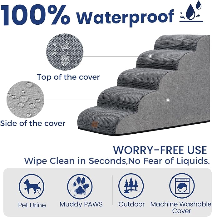 GoGoBunny Ramp Dog Stairs for High Beds 22.6" H, 5-Step Dog Slope Stairs with Durable Waterproof Fabric Cover, Pet Steps for Old Large Dogs Climbing, Non-Slip Sturdy Indoor Step, Grey
