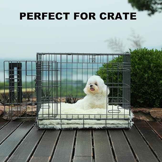 Bedfolks Waterproof Dog Crate Pad, Plush Dog Kennel Bed with Removable Cover, Faux Fur, Washable, 17"x12", Cream