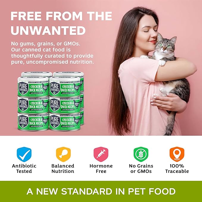 Pure Cravings Chicken and Duck Recipe in Broth, Shredded Wet Cat Food, Grain-Free Protein, Non-GMO, 12 Pack