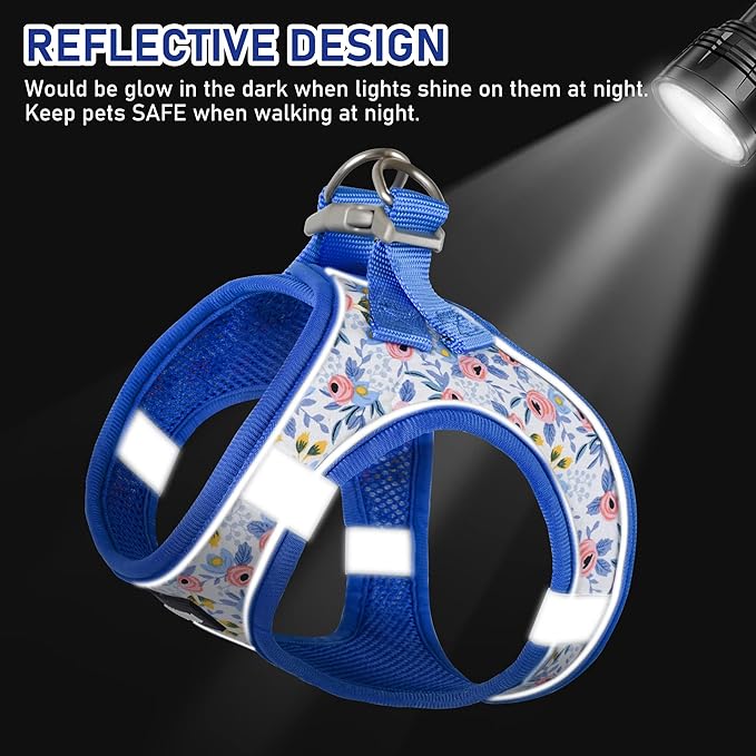 GAMUDA Small Dog Harness Collar and Leash Set, Step in No Chock No Pull Soft Mesh Adjustable Dog Vest Harnesses Plaid Reflective for Dogs Puppy Cats Kitten Rabbit (Blue Flower, S)
