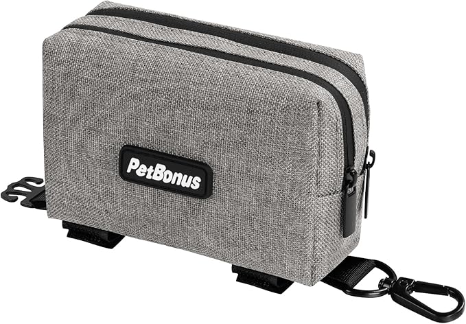 PetBonus Dog Poop Bag Holder, Portable Pet Waste Bag Dispenser, 2 Pouches for Treats and Walking Accessories, Fit All Leashes, Includes 1 Roll of Dog Poop Bags (Grey)