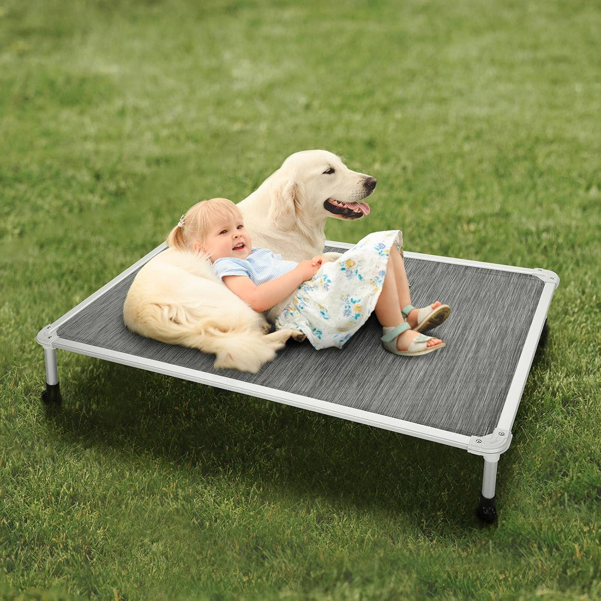Veehoo Chew Proof Elevated Dog Bed - Cooling Raised Pet Cot - Silver Aluminum Frame and Durable Textilene Mesh Fabric, Unique Designed No-Slip Feet for Indoor or Outdoor Use, Black Silver, X Large