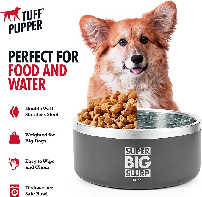 Tuff Pupper Heavy Duty Insulated Dog Bowl | Double Wall Stainless Steel Dog Food Dish | Non-Slip Spill Proof Dishwasher Safe Cat Bowl | Water Dish for Feeding Large Medium Small Pets (66oz, Grey)