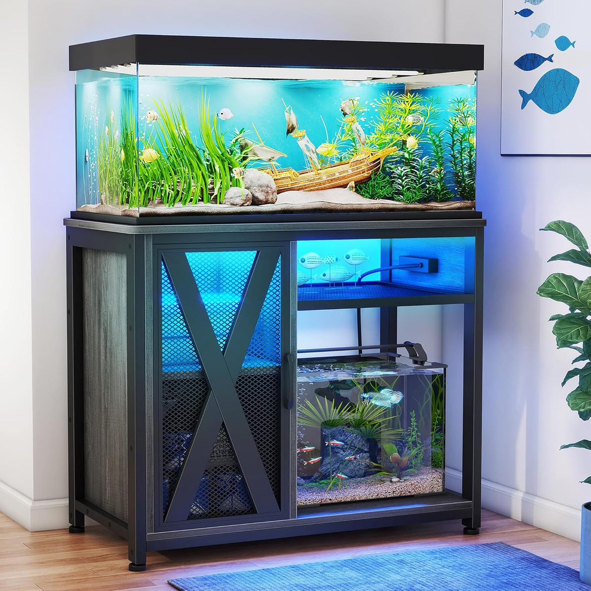 DWVO 40-50 Gallon Aquarium Stand with Power Outlets & LED Light, Cabinet for Fish Tank Accessories Storage - Metal Fish Tank Stand Suitable for Turtle, Reptile Terrarium, 660LBS Capacity, Grey
