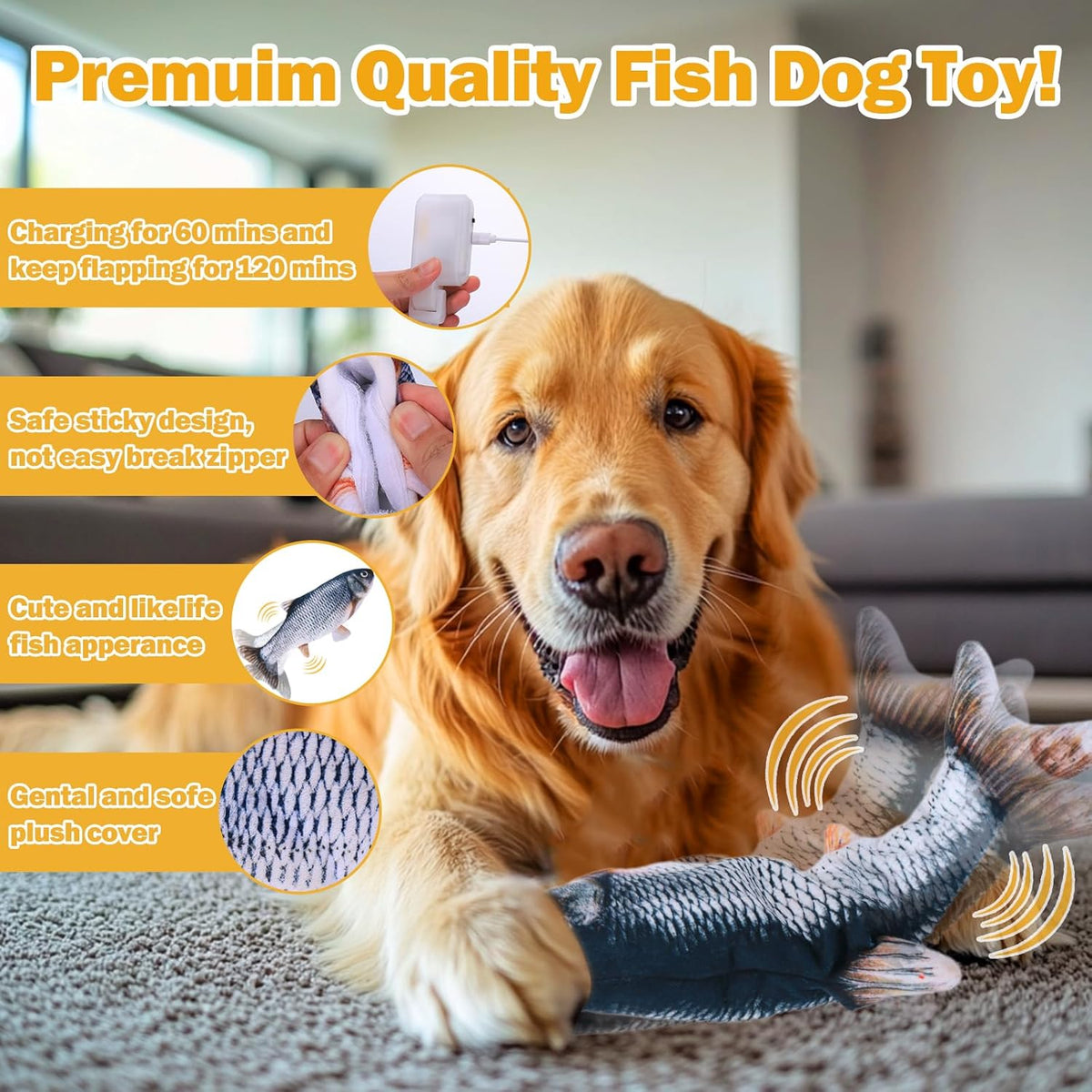 Interactive Dog Toys - Upgrade Flopping Fish Dog Toy to Keep Them Busy, Touch Activated Moving Dog Toys for Small / Medium / Large Puppy Enrichment, Rechargeable Pet Toys Plush, Squeaky Dog Toys