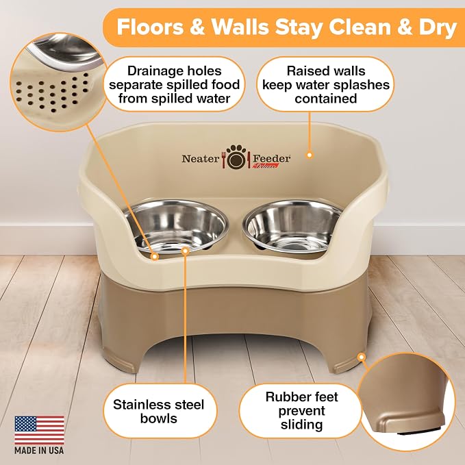 Neater Pet Brands Neater Feeder Deluxe Mess Proof Dog Bowls Elevated for Large Dogs Over 40 lbs, Made in USA, No Spill Raised Dog Food Bowl Stand Feeding Station, Food and Water Bowl Set, Cappuccino