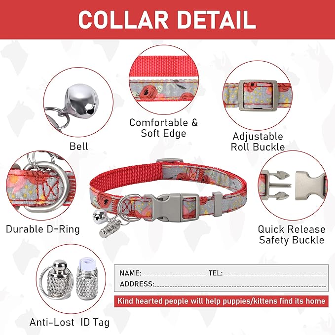 GAMUDA Small Dog Harness Collar and Leash Set, Step in No Chock No Pull Soft Mesh Adjustable Dog Vest Harnesses Plaid Reflective for Dogs Puppy Cats Kitten Rabbit (Red Flower, XXS)