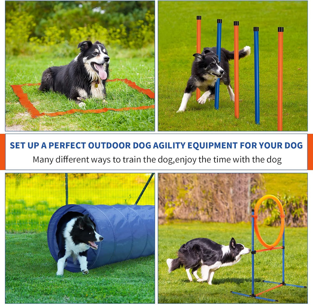 Dog Agility Training Equipment, 60-Piece Dog Obstacle Course Training Starter Kit Pet Outdoor Game with Tunnel, Agility Hurdle, Weave Poles, Jump Ring, Pause Box, Toy Balls and Storage Bag