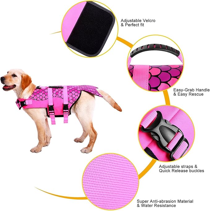 Dog Life Jacket Ripstop Shark Dog Safety Vest Adjustable Preserver with High Buoyancy and Durable Rescue Handle for Small,Medium,Large Dogs, Pink Fish Medium