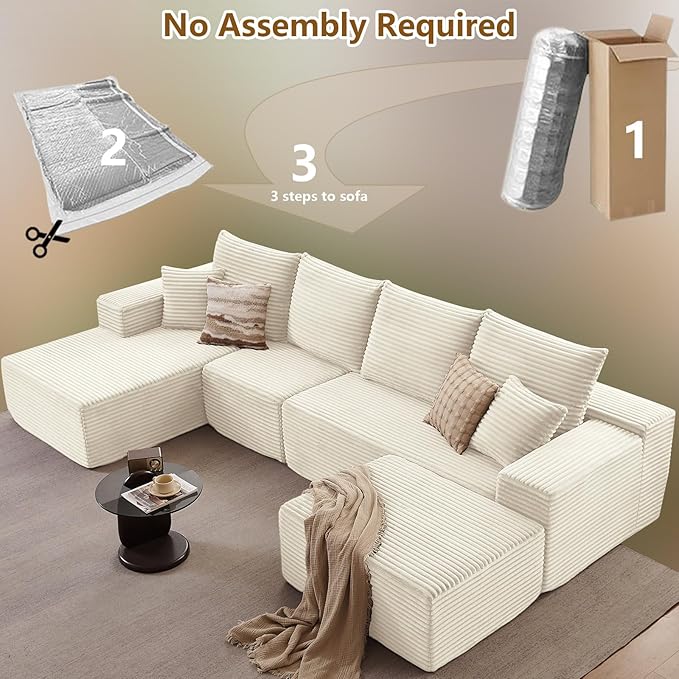 135" L-Shape Sofa with Ottoman, Modern Modular Sectional Comfy U-Shape Cloud Couch, Deep Seat, Upholstered Corduroy Sleeper Chaise Longue for Living Room Bedroom, No Assembly Required, White