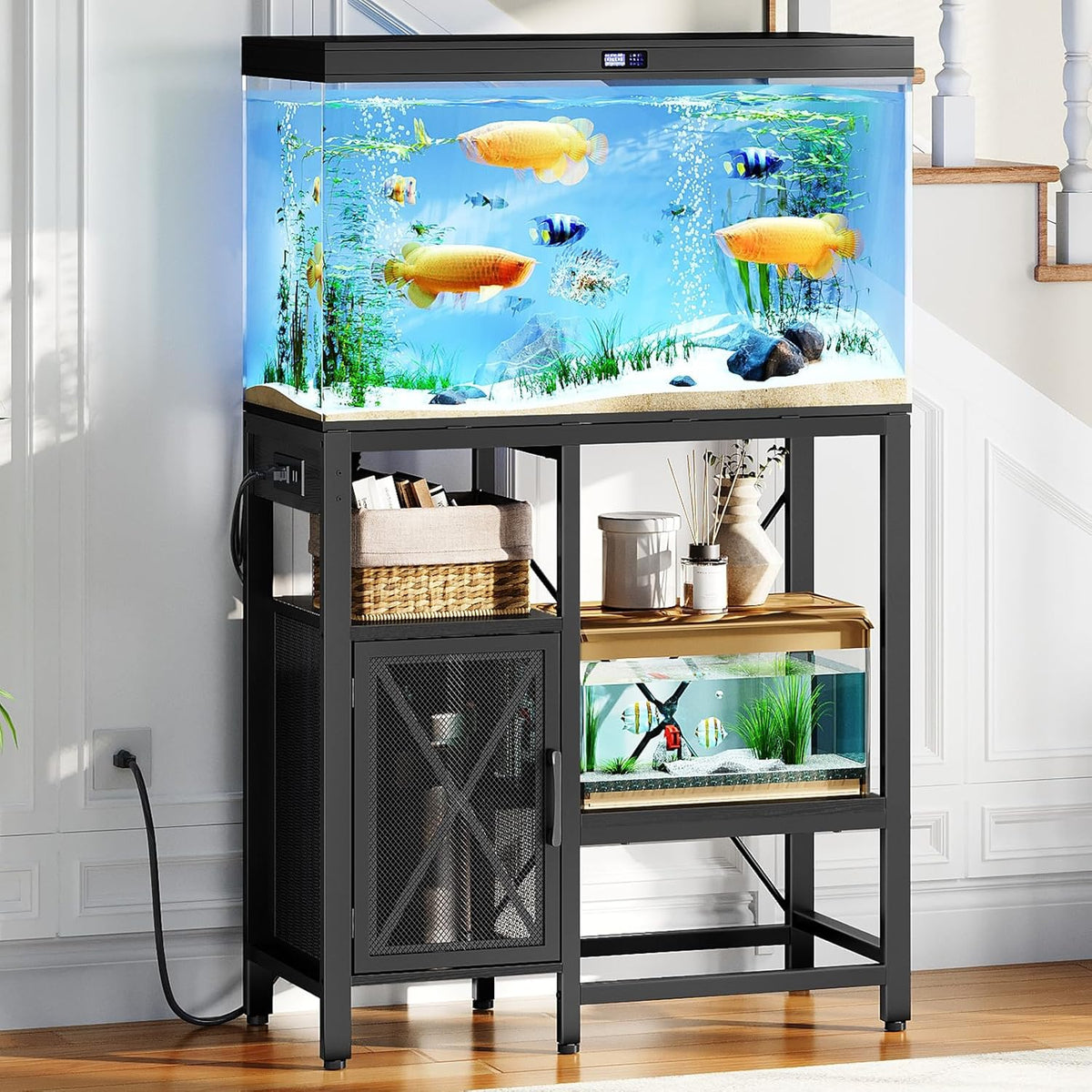 20-37 Gallon Fish Tank Stand, Aquarium Stand with Power Outlet and Storage Cabinet, Heavy Duty Tank Stand Suitable for Turtle Tank, Reptile Terrarium, for Home Office, Black FTHB40E01
