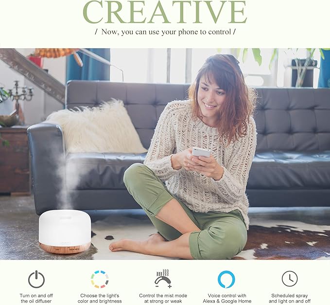 ASAKUKI Smart Wi-Fi Essential Oil Diffuser, App and Voice Control Compatible