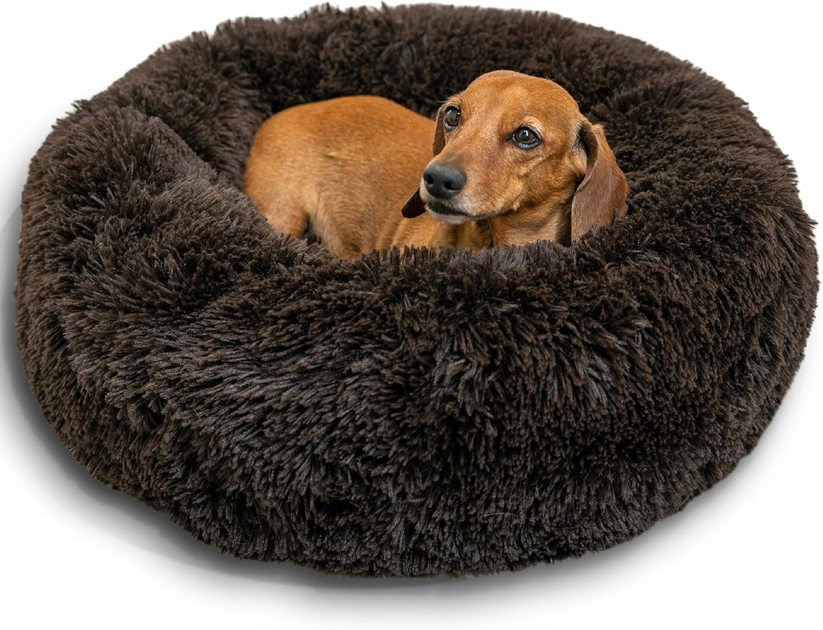 Best Friends by Sheri Original Calming Donut Dog and Cat Bed, Shag Faux Fur, Dark Brown, (23in x 23in) - Anxiety Relief for Pets Up to 25 lbs