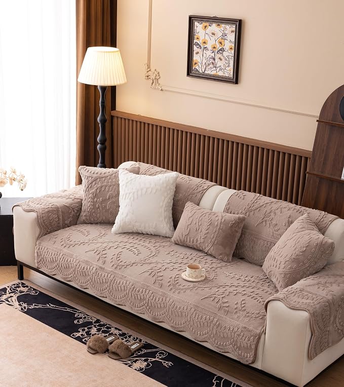 Fuzzy Rabbit Plush Sofa Cover Cozy Warm Sofa Couch Covers with 3D Jacquard Leaf Pattern Non-Slip Easy-to-Install Shaggy Sofa Slipcover Prefect for Kids Dogs Cats Cats(Cream Coffee,36"x63")