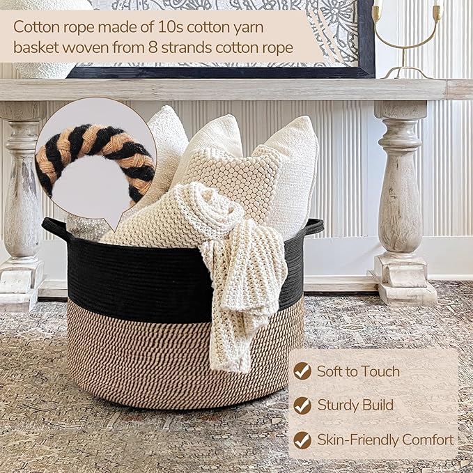 INDRESSME Large Storage Baskets for Organizing, 21.7 x 13.8 Blanket Basket Living Room Dog Toy Bin, Woven Laundry Basket for Dirty Clothes, Pillows, Towel, 90L Mix Black