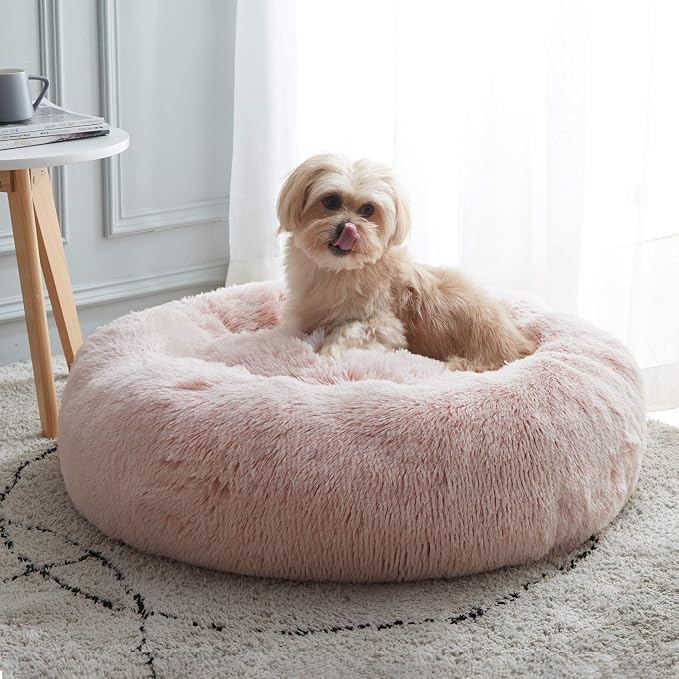 Western Home Calming Donut Medium Dog Bed Washable Pet Bed,30" Pink | Fluffy Faux Fur Round Cuddler,Anti-Anxiety,Anti-Slip Bottom,Plush Pet Dog Beds for Medium Sized Dogs,Up to 45 LBS