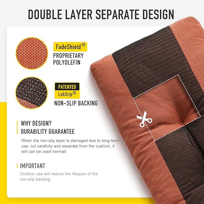 SUNROX LokGrip Non Slip Tufted Memory Foam Bench Cushion, FadeShield Water Resistant Durable Thicken Outdoor/Indoor Bench Seat Pads 48x16x4 inch, Terracotta