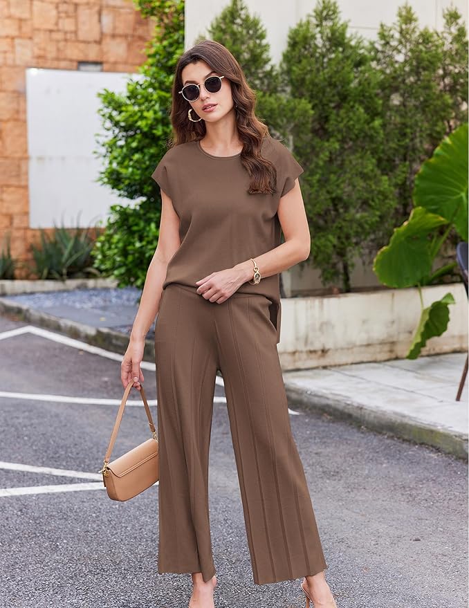 Ekouaer Lounge Sets for Women Two Piece Outfits Knit Cap Sleeve Tops Wide Leg Pleated Pants Casual Dressy Sweater Sets