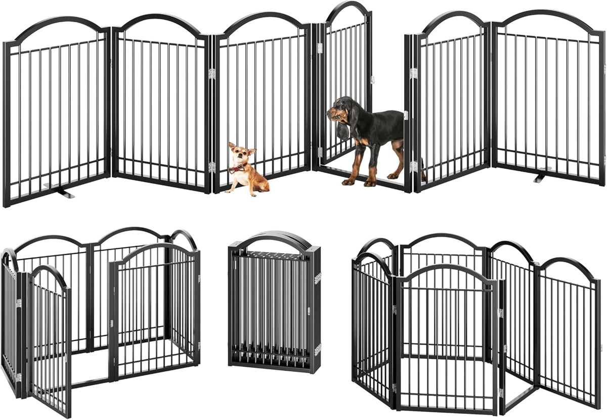 BHG Metal No-Assembly Freestanding Dog Gate with Door Walk Through, Extra Wide 144", Extra Tall 32" Pet Gate, Accordion Puppy Folding Playpen Dog Fence, with 2PCS Support (Black, 6 panesl)
