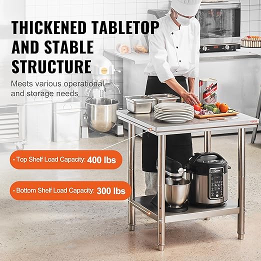 Mophorn Commercial Worktable & Workstation 24 x 30 x 32 Inch Stainless Steel Work Table Heavy Duty Commercial Food Prep Work Table for Home, Kitchen, Restaurant Metal Prep Table with Adjustable Feet