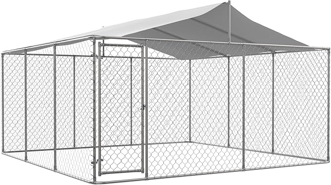 Outdoor Dog Enclosure Heavy Duty Dog Kennel House Mesh Outside Galvanized Chain Link Dog Run with Roof,Dog Cage Large Dogs Dog Pen Pet Kennel W/Waterproof Anti-UV Cover&Secure Lock for Large Dog
