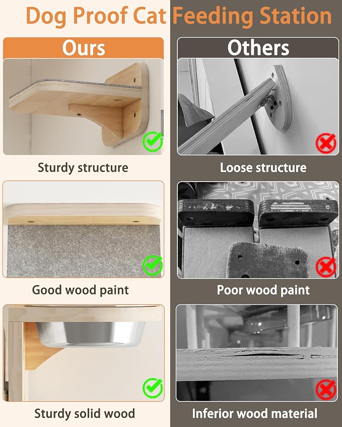 Meidok Cat Wall Furniture,Cat Wall Shelves,Dog Proof Cat Feeding Station with 3 Wide Wall Steps and 2pices 304 Stainless Steel Bowl Cat Feeding Shelf for Cats up to 25 Lbs - Wood Color