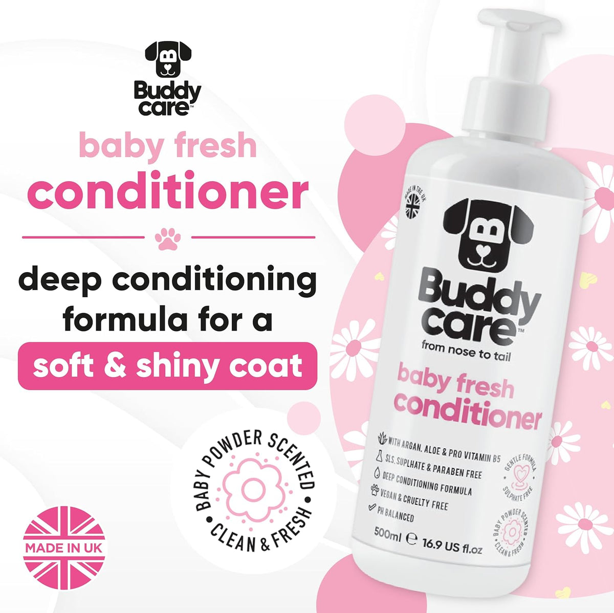 Baby Fresh Dog Conditioner (16.90oz) Made with Aloe Vera, Argan Oil & Pro Vitamin B5 to Detangle Matted Coats & Relieve Sensitive & Itchy Skin, Suitable for Puppies from 8 Weeks, Vegan