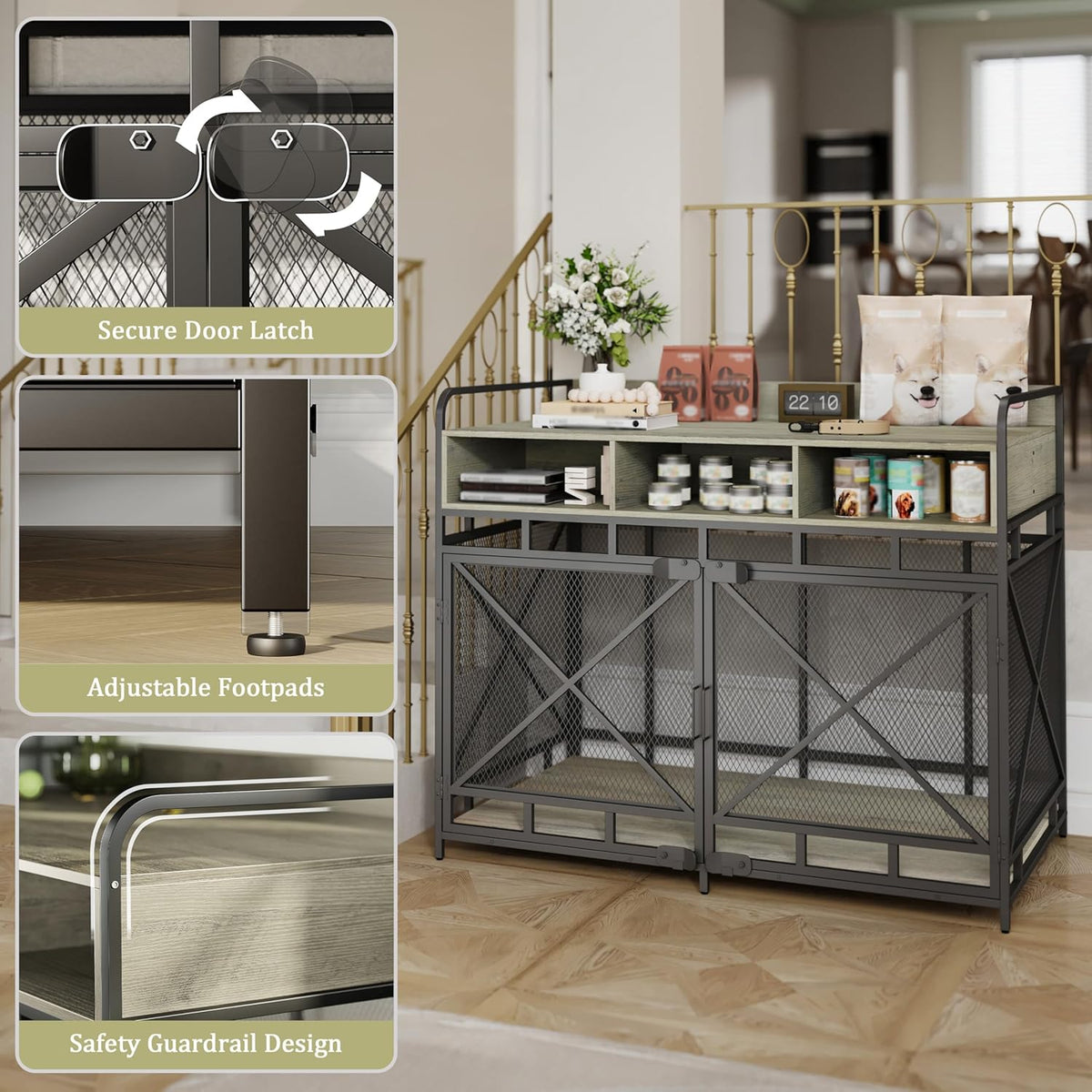 Dog Crate Furniture, 48" Heavy Duty Wooden Dog Crate End Table, XL Dog Kennel Furniture Large Breed, Decorative Dog Kennel Indoor with 3 Drawers & Steel Tubes 48" L x28 W x38 H (Grey)