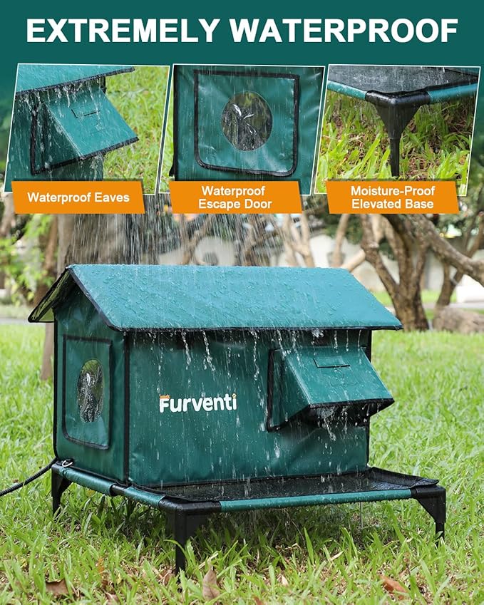 Heated Cat House for Outside,More Platform Space,Extremely Weatherproof & Insulated in Winter,Elevated Outdoor Cat Shelter with Eaves & Escape Door for Barn Feral Stray Cat(Dark Green,Large)