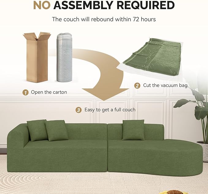 128" Oversized Modern Curved Sofa,Boneless Cloud Sectional Couch with Deep Seat,No Assembly Required Chenille Couches for Living Room,Green,1 PCS