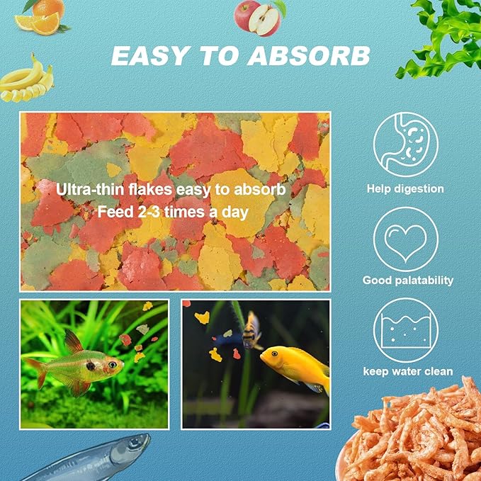 8 OZ Ultrathin Tropical Fish Flakes - High Protein with Krill & Spirulina for Betta, Guppies, Tetra, Angelfish, Color Enhancing Fast Growth Formula