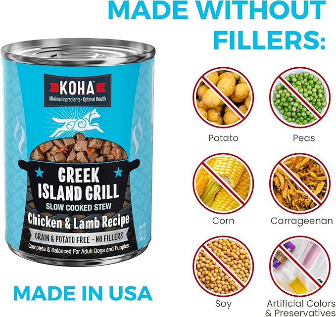 KOHA Greek Island Grill Stew for Dogs with Chicken and Lamb, High Protein Wet Dog Food, 12.7oz Cans (Case of 12)